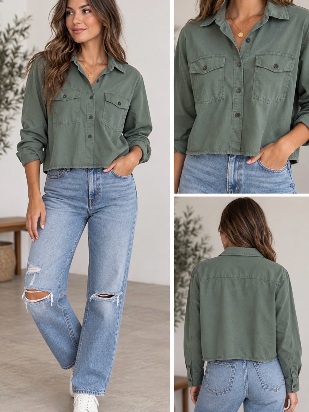 Universal Thread Olive Green Cropped Button-Down Shirt